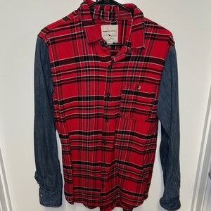 Modern Amusement Red Plaid Button-Down Shirt with Blue Chambray Sleeves